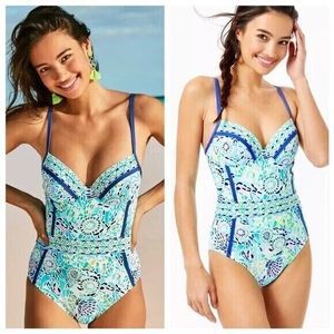 Lilly Pulitzer Palma One Piece Swim Blue Ibiza Open Water Womens Size 16
